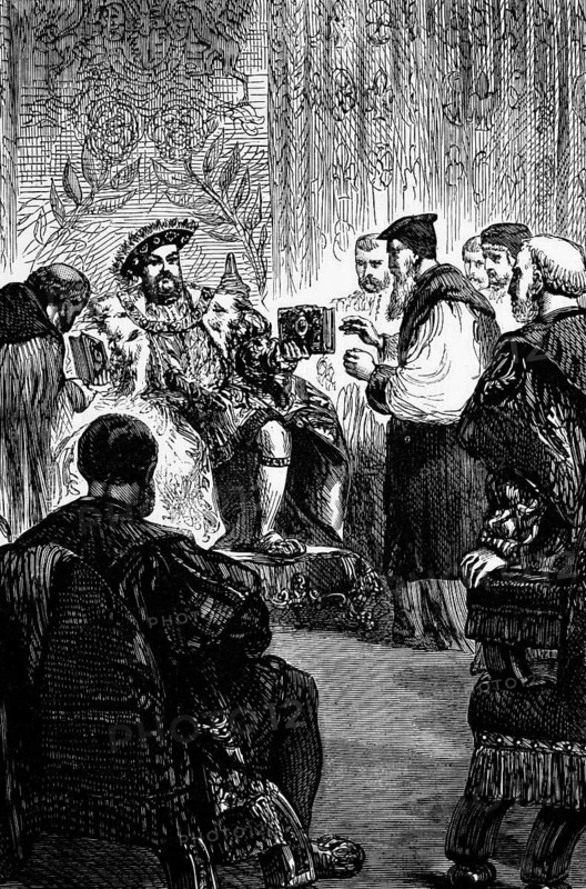 King Henry VIII presents his lords with the Great Bible in 1539, an English translation that was an impressive prop for his newfound dignity, England, digital reproduction of a historical model