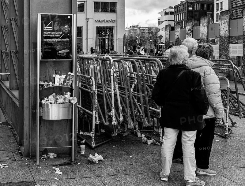 Black and white photography, tourists at Potsdamer Platz, Berlin, Germany