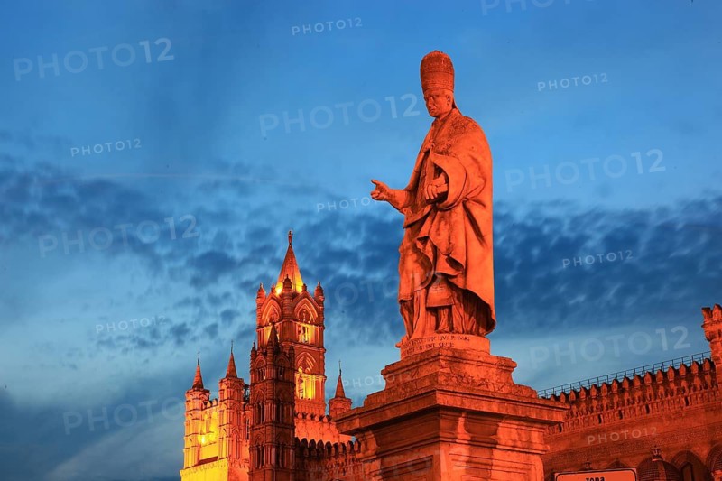 In the old town of Palermo, statue of the saint in front of the Cathedral Maria Santissima Assunta, Roman Catholic Church, Unesco World Heritage Site, Sicily, Italy