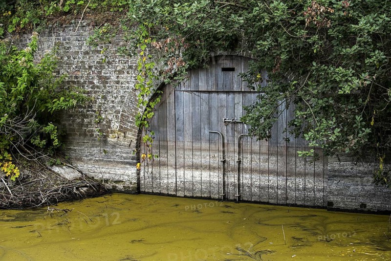 Locked wooden door of brick vault over stream, hibernation place for bats in nature reserve