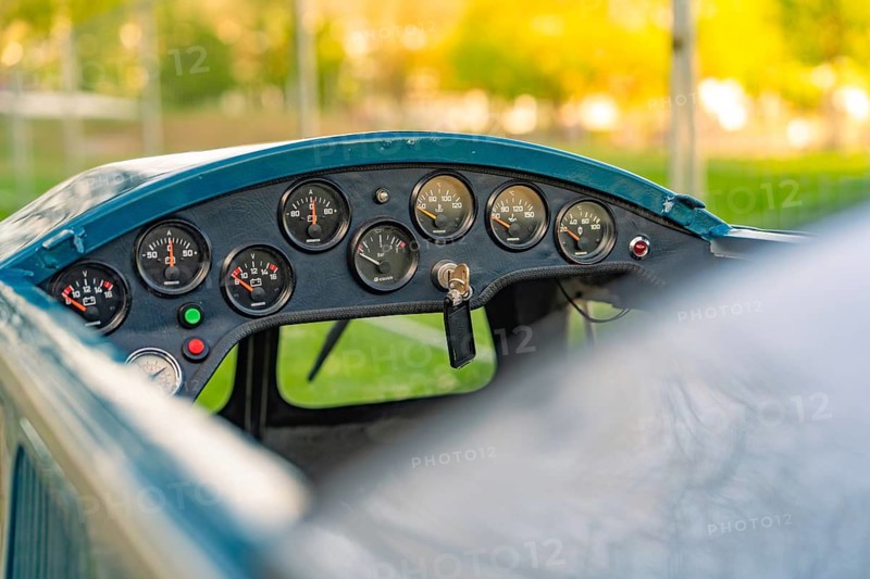 Close-up of an aircraft cockpit with numerous instruments, Nagold, Black Forest, Germany