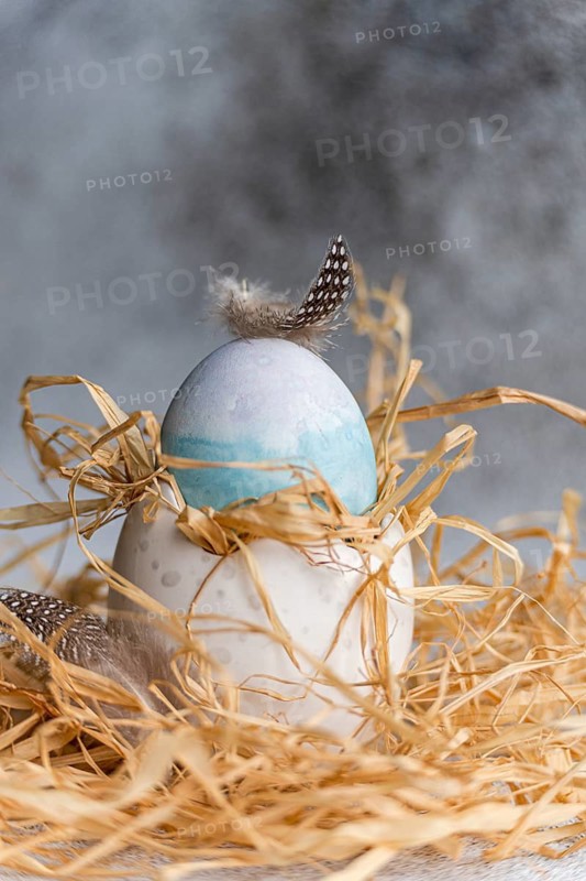 An Easter egg delicately decorated with a blue hue and adorned with natural feathers, nestled in a rustic straw nest, portraying a traditional Easter setting with a touch of elegance