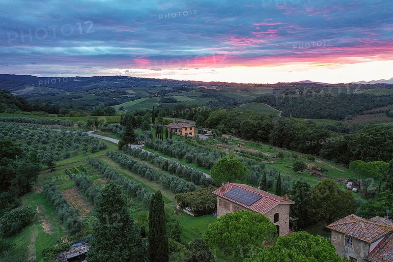 Aerial view of the typical hilly landscape of Tuscany at sunset with individual houses and olive groves near San Gimignano, Province of Siena, Tuscany, Italy