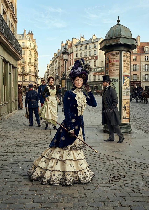 A spring day in Paris. Parisian woman, illustration, history, France, walk, 1900, clothing, historical illustration, digitally edited
