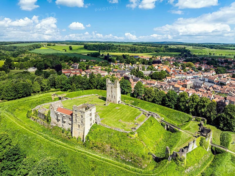 Helmsley Castle from a drone, North York Moors National Park, North Yorkshire, UK