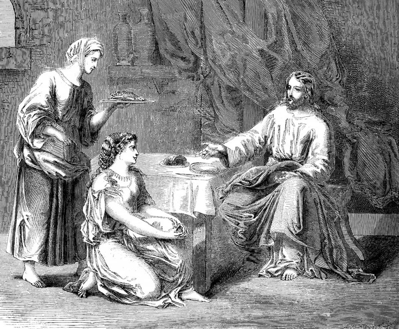 Mary and Martha, Luke Gospel, chapter 10, verse 42, New Testament, interior, table, Jesus, eating, meal, serving, plate, working, effort, serving, resting, telling, Bible, historical illustration 1850