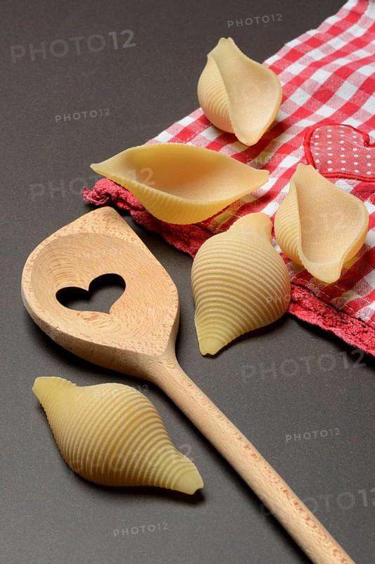 Conchiglione with wooden spoon, Italian pasta variety against a dark background, Italy