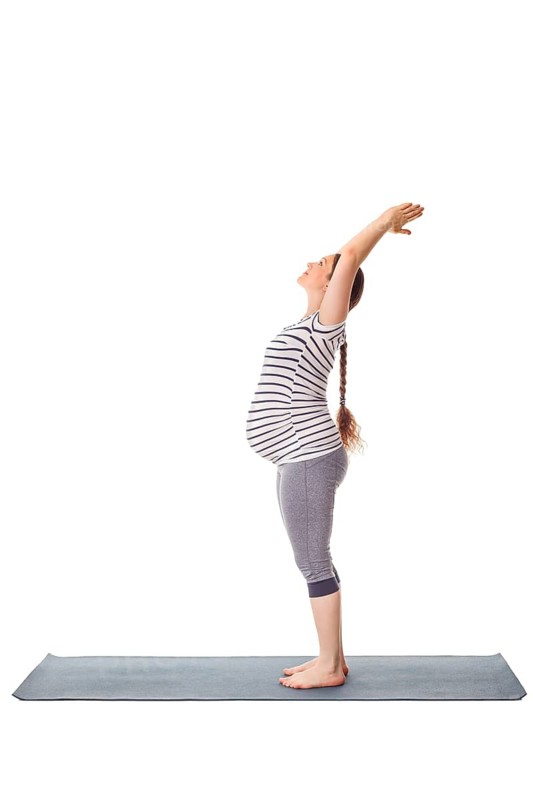 Pregnancy yoga exercise, pregnant woman doing yoga asana Tadasana Mountain pose isolated on white background