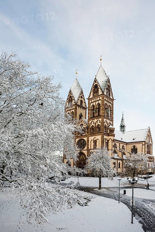 Church with snow, morning mood, Stühlinger Church, Freiburg im Breisgau, Black Forest, Baden-Württemberg, Germany