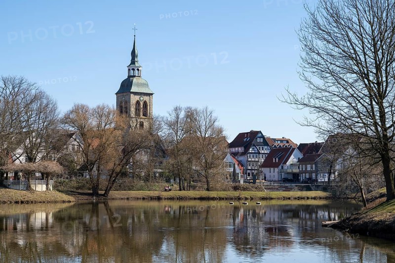 Town view with St.Aegidius church at the Emssee, Wiedenbrück, Rheda-Wiedenbrück, Westphalia, North Rhine-Westphalia, Germany
