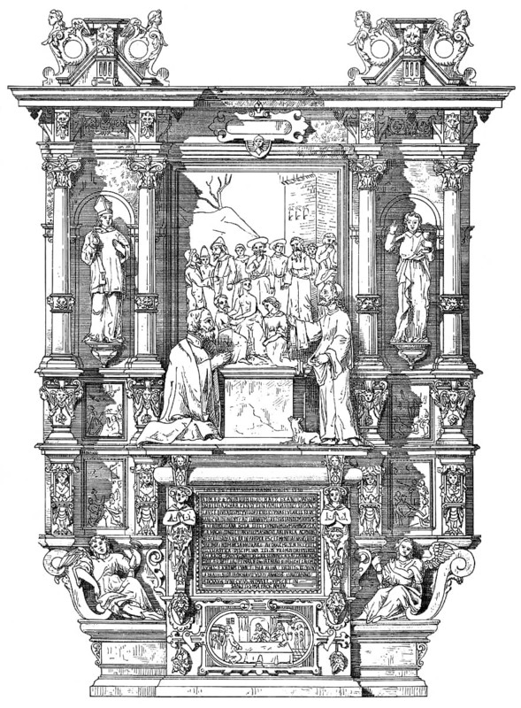 Historical architectural illustration from the 19th Century, 1881, German Renaissance style, Epitaph altar of provost Hugo Cratz von Scharffenstein, 1625, 17th century, Liebfrauenkirche church, Trier, Rhineland-Palatinate, Germany, Europe, Deutsche Renaissance, Architektur-Zeichnung von 1881, der Epitaphaltar für den Dompropst Hugo Cratz von Scharffenstein, 1625, Trier, Liebfrauenkirche, Deutschland, Europa