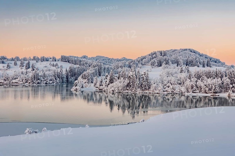 Dawn and sunrise at the wintry Forggensee in a snow-covered winter landscape in the foothills of the Alps in the Allgäu in Bavaria, Germany