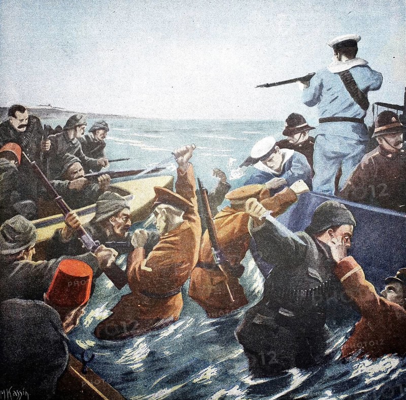 1st World War, Turkish troops reject an attempt by the British to land at the Dardanelles (original text from 1915, original colouring), Illustration, Reproduction from a 19th century original. Authentic, file restored for optimal use, exact date of original unknown, Historical, Armed soldiers fighting in and around boats on the open sea