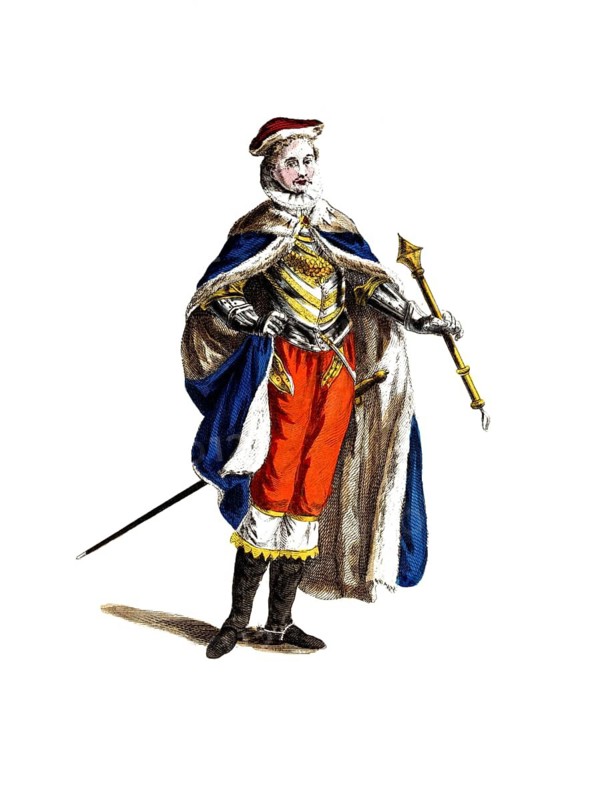 Historical clothing, fashion over time, clothing of the Count of Flanders and protector of the Dutch in 1582, digitally restored reproduction of an 18th/19th century model, exact date unknown, elegantly dressed man with cane and robe