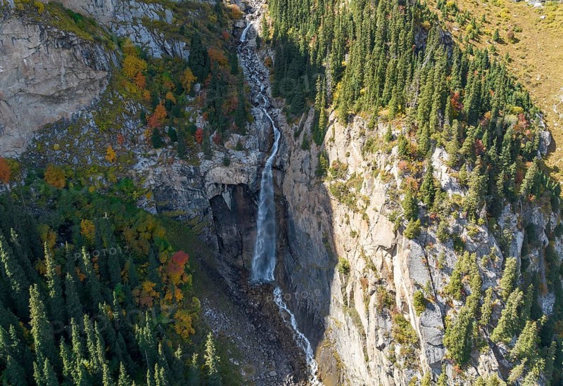 Aerial view, Barskon or Barskoon waterfall, mountain landscape with waterfall in a mountain valley, Jeti-Ögüz, Issyk-Kul region, Kyrgyzstan