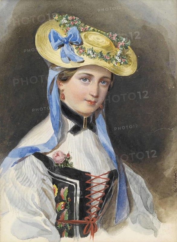 Franz Xaver Winterhalter (20 April 1805 - 8 July 1873), German painter, he was one of the most sought-after and famous portrait painters, here his work:, Princess Liechtenstein in costume (1845), Painting, Reproduction of the painting, Work of art, Historical, Young woman in traditional dress with a flowered hat and blue accents