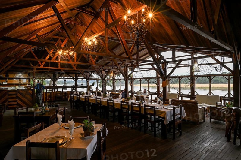 Restaurant at Doli Lodge on the Sangha River, blue hour, Bayanga, Sangha-Mbaéré Prefecture, Central African Republic
