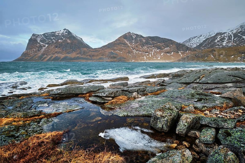 Rocky coast of fjord of Norwegian sea in winter. Lofoten islands, Norway