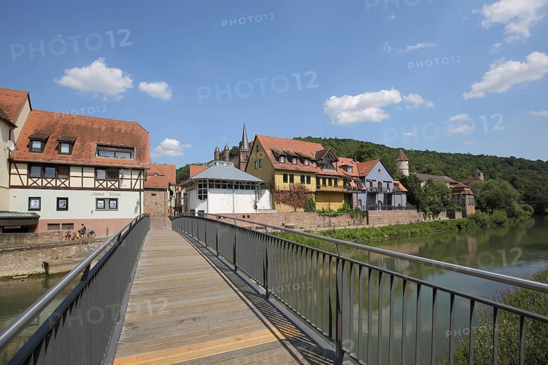 Pedestrian bridge over the Tauber, cityscape, Wertheim, Baden-Württemberg, Germany