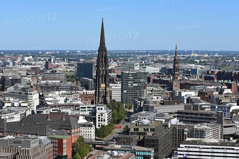Europe, Germany, Hanseatic City of Hamburg, View of City, View from Michel to City, Ludwig-Erhard-Straße and tower ruins of St. Nikolai, Federal Republic of Germany