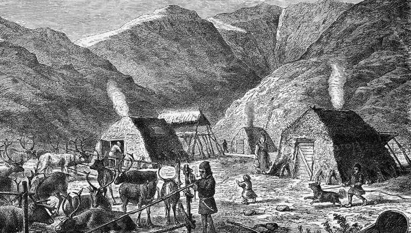 Lapps or Sami in a Norwegian valley, settlement of some families, indigenous people in northern Scandinavia, reindeer, smoking huts, dog, way of life, mountain landscape, Lapland, geography, Norway, historical illustration 1888