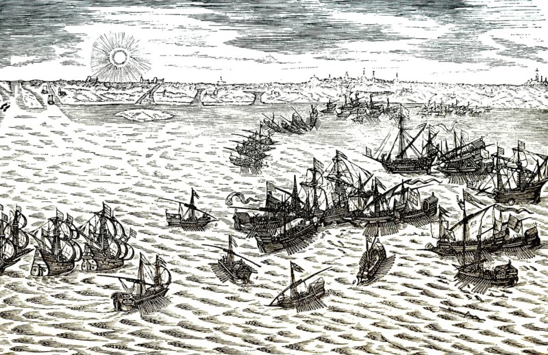 Historic drawing, naval battle between the Netherlands and Spain during the Eighty Years' War, also known as the Dutch War of Independence, 1568 -1648, Seeschlacht zwischen Spanien und Niederlande im 16. Jahrhundert