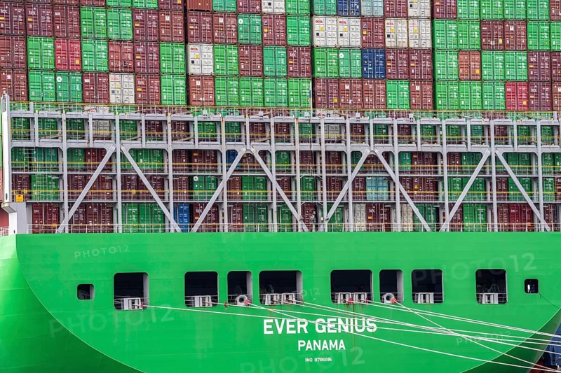 Euromax Container Terminal, container freighter Ever Genius, Evergreen shipping company, being loaded and unloaded, seaport of Rotterdam, deep sea harbour Maasvlakte 2, on a man-made land area, Netherlands