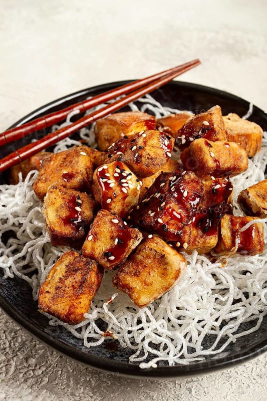 Fried eggplant, with funchosa noodles, with teriyaki sauce and sesame seeds, homemade, no people