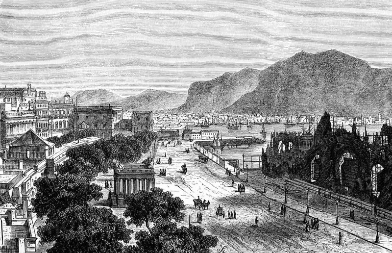 City view Palermo with mountain and viewpoint Monte Pellegrino, sandy road with horse-drawn carriages and pedestrians, Sicily, Mediterranean Sea, Italy, historical illustration 1882