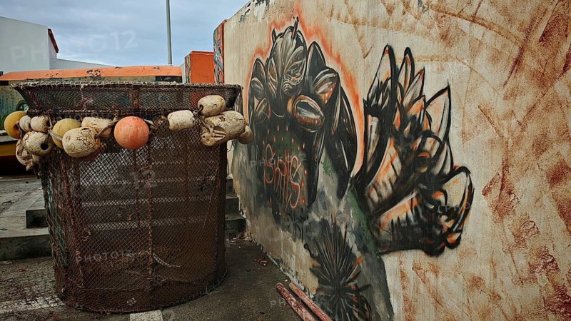 A fishing net with buoys next to a graffiti-painted wall in a harbor environment in the evening light, Ponta do Sol, Santo Antao, Cabo Verde, Cape Verde