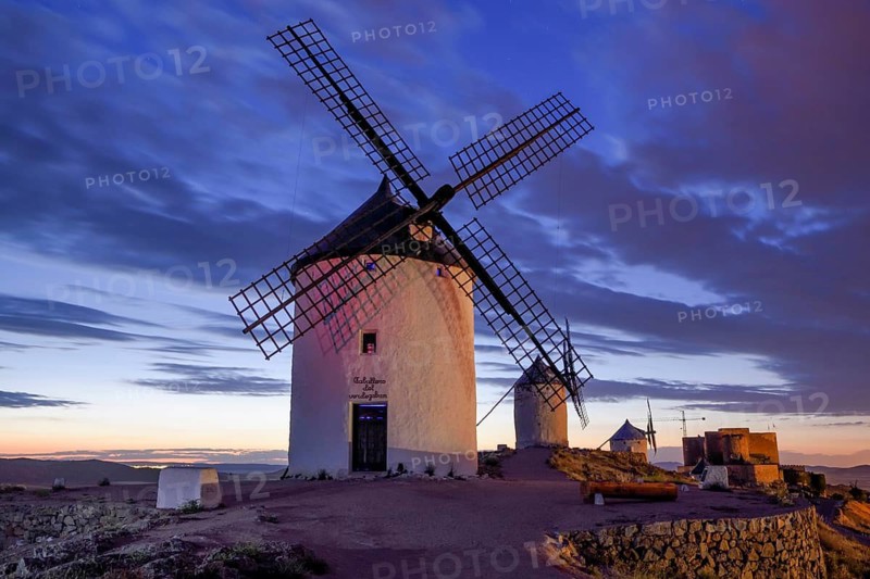 Windmills of Consuegra at dusk, Toledo province, Castilla-La Mancha, Spain