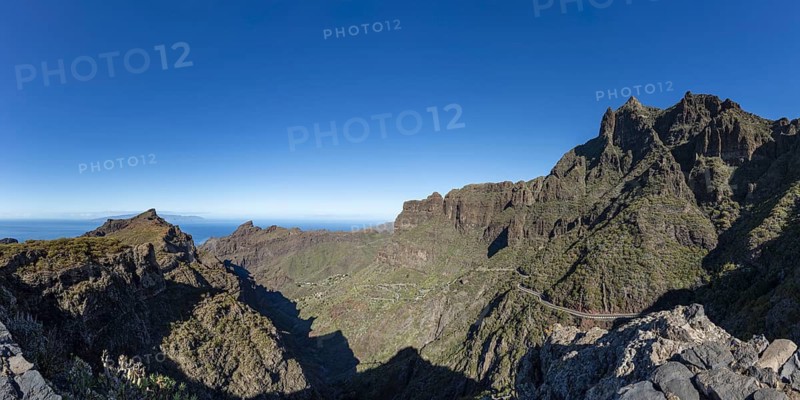 The mountain village of Masca surrounded by volcanic rock formations and the Masca Gorge, Barranco de Masca, Teno Mountains, Tenerife, Canary Islands, Spain