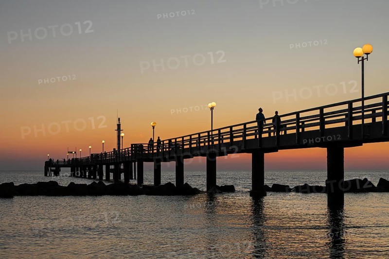 Sunset, pier, silhouettes, lamps, Baltic Sea, Wustrow, Darß, Mecklenburg-Vorpommern, Germany
