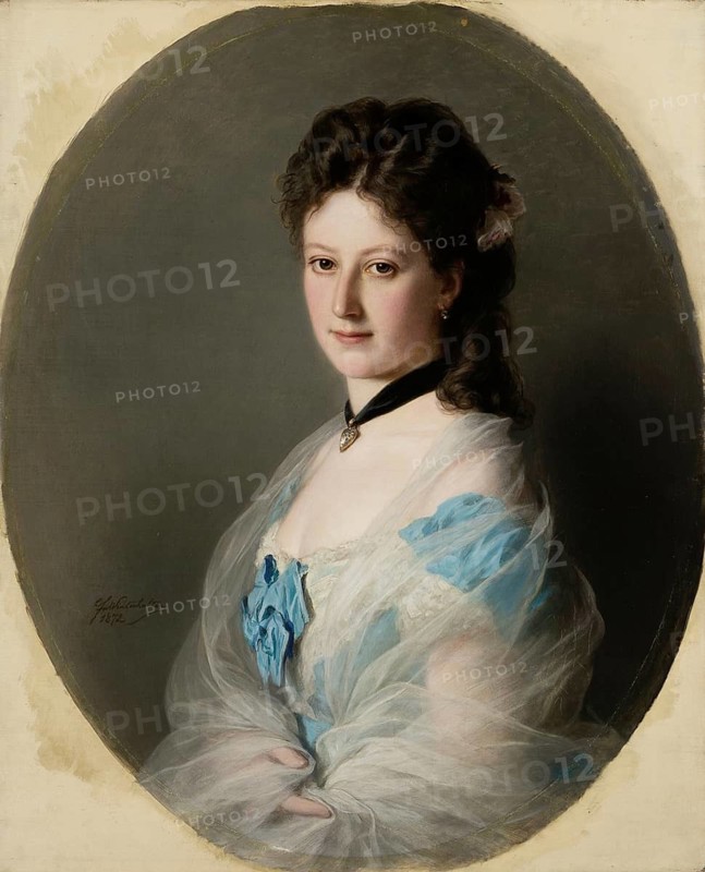 Franz Xaver Winterhalter (20 April 1805 - 8 July 1873), German painter, he was one of the most sought-after and famous portrait painters, here his work:, portrait of Olga von Grunelius (1872), Painting, Reproduction of the painting, Work of art, Historical, Portrait of a woman in elegant clothes with a serious expression on her face