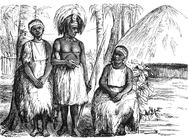 Portrait of Samoans in national traditional costume in front of their traditional round houses, two women, one man, headdress, necklace, barefoot, spear, tropical palm trees, archipelago in the Pacific, travelling, Samoa, Polynesia, historical illustration 1888