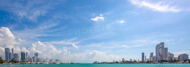 Colombia, wide-angle view of scenic Cartagena bay (Bocagrande) and panoramic city skyline
