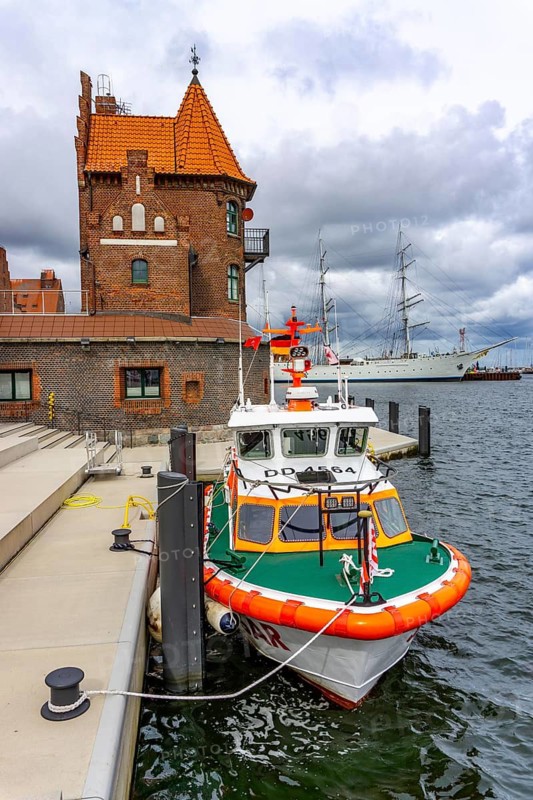 Sea rescue boat Hertha Jeep, of the German Maritime Search and Rescue Service, DGzRS, pilot house, museum ship Sail Training Ship Gorch Fock I, Stralsund, Mecklenburg-Western Pomerania, Germany
