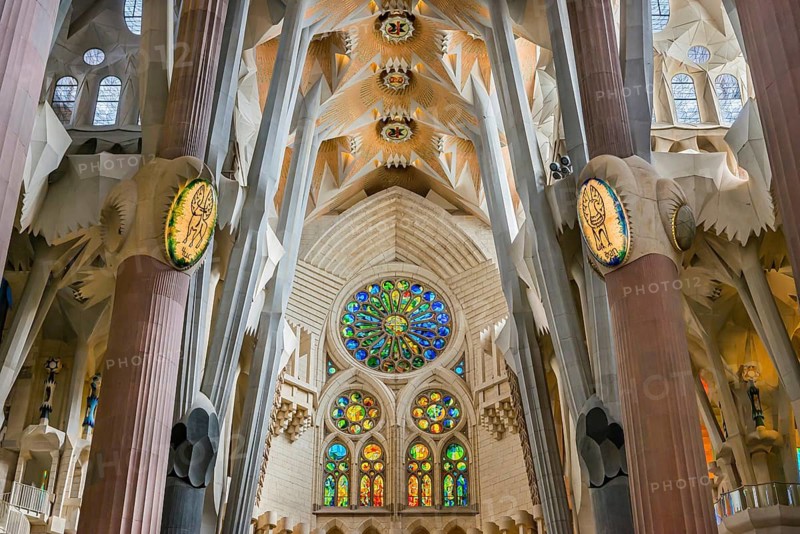 Interior view of the Familia Sagrada by the architect Antonio Gaudi in Barcelona, Spain