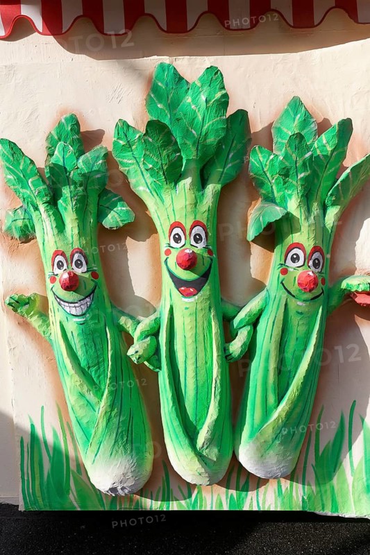 Celery, paper mache cartoon characters on a carnival float, Düseldorfer Rosenmontagszug, Düsseldorf, North Rhine-Westphalia, Germany
