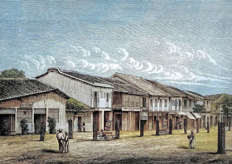 Typical street in Saigon, Vietnam, coloured wood engraving, reproduction from a model from ca 1888, Historical, Historical city view with antique buildings and cloudy sky