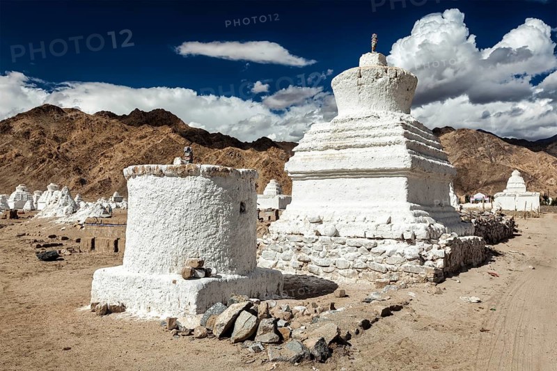 White chortens (stupas) near Shey, Ladakh, Jammu and Kashmir, India