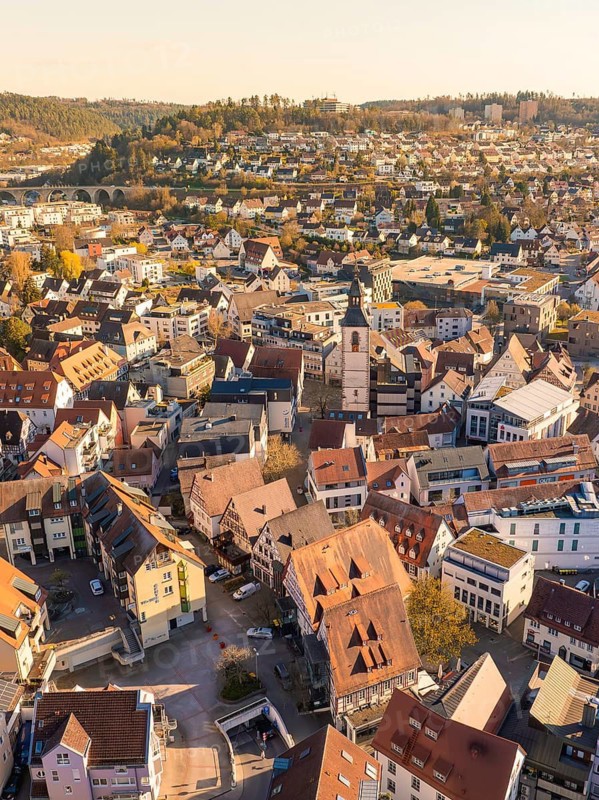 Beautiful urban panorama with a church tower in the centre in spring, Nagold, Black Forest, Germany