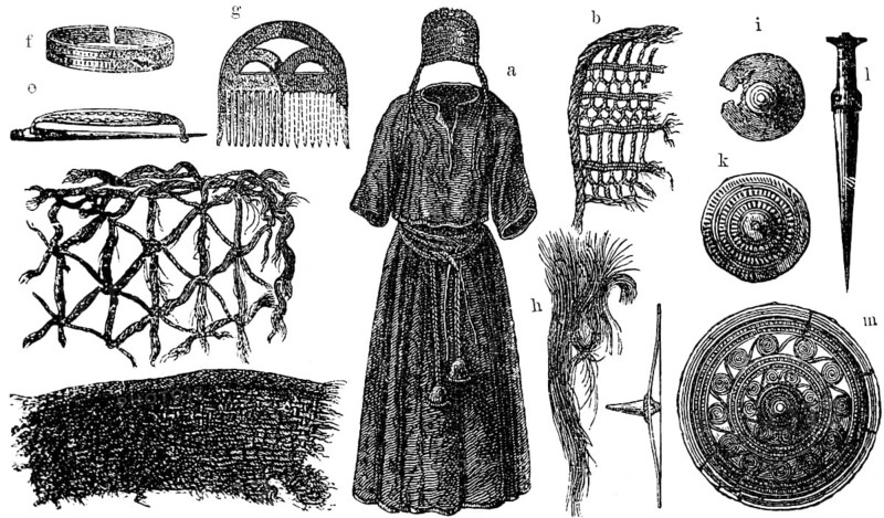 Female clothing and jewellery from Bronze Age graves, Borum Eshoj near Aarhus, Jutland, bronze ore, history of mankind, historical illustration 1880
