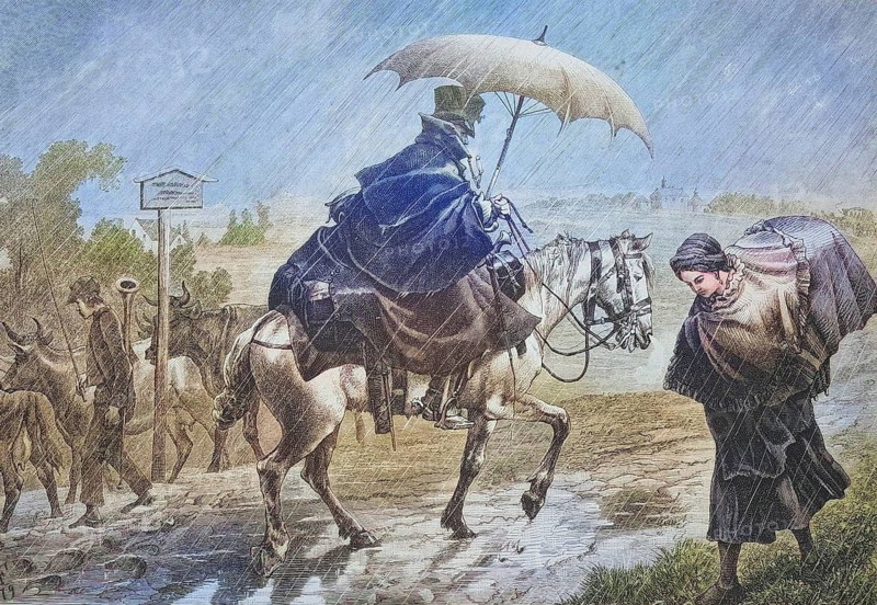 Model rider in the rain with an umbrella on his horse, Germany, c. 1885, Historic, digitally restored reproduction from a 19th century original, Model rider in the rain with an umbrella on his horse, c. 1885, Historic, digitally restored reproduction from a 19th century original