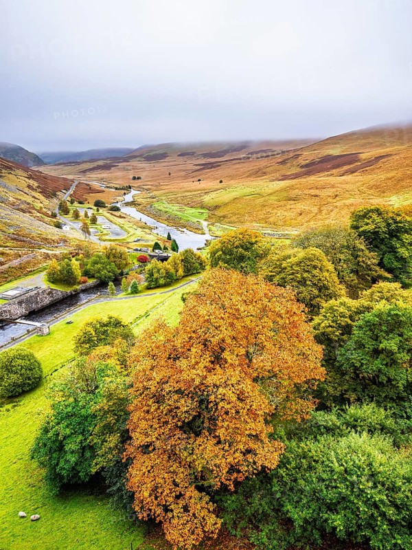 Autumn colors over Claerwen Dam, Claerwen Valley, Elan Valley Reservoir, Rhayader, Powys, Wales, UK