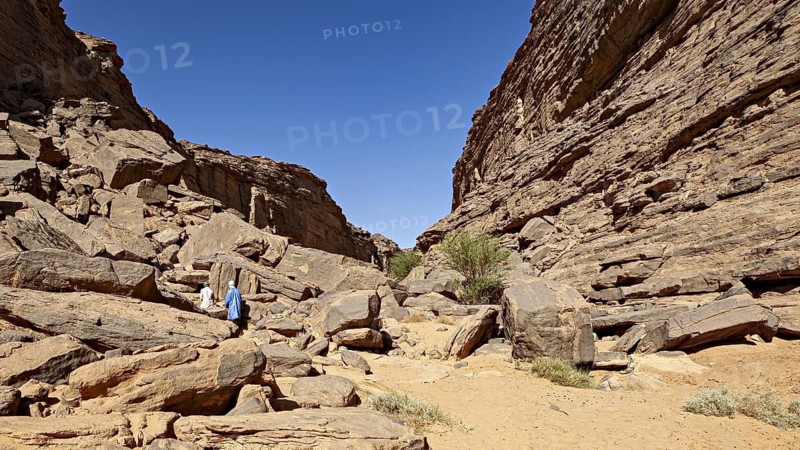 People walking through a rocky, dry gorge landscape, rocky gorge in the desert landscape of the Sahara in Algeria
