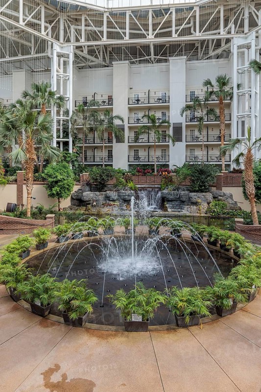 Fountains and waterfall along the interior sidewalk in Gaylord Opryland Resort and Convention Center in Nashville, Tennessee