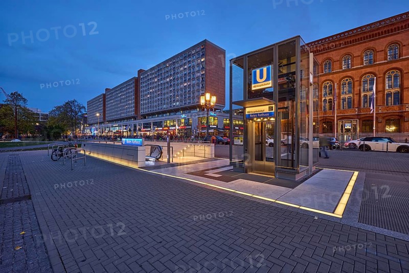 Underground station Rotes Rathaus with lift and residential and commercial buildings at dusk, Rathausstraße, Berlin, capital city, independent city, federal state Berlin, Germany