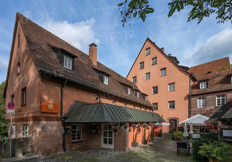 Satzinger Mühle, originally a flour mill and paper mill 1951, 52 reconstruction, after destruction, today a restaurant, Kirchenberg 1, Nuremberg-Mögeldorf, Middle Franconia, Bavaria, Germany