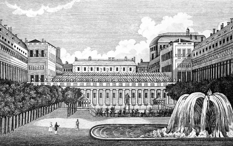 Palais Royal in the First Arrondissement, Paris, France, royal palace, built 1633-39, Cardinal Richelieu, today Ministry of Culture, fountain, park, portico, visitor, building, architecture, history, steel engraving, historical illustration 1835